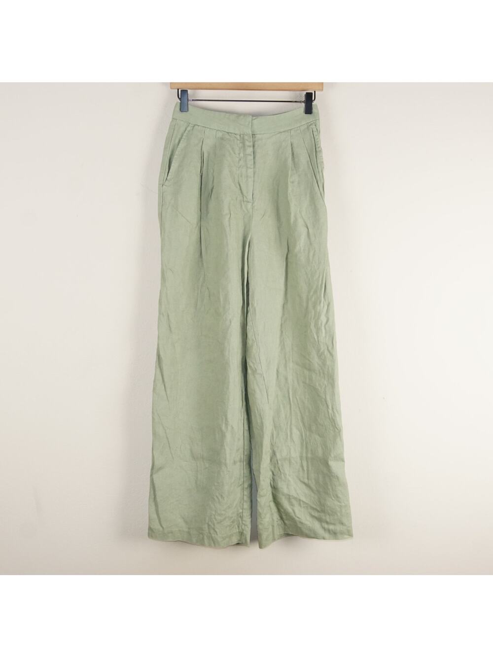 NudeLucy Thilda 100% Linen Green High Waist Wide Leg Pleated Pants Womens Sz S